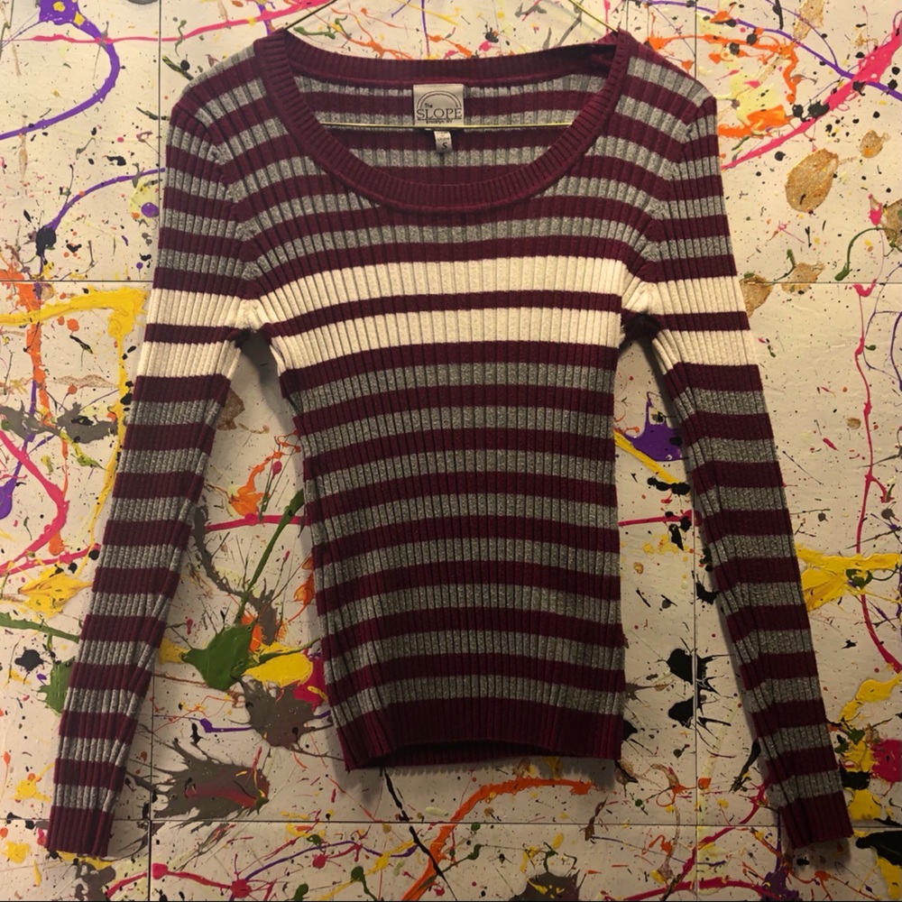 Burgundy and grey red striped sweater.